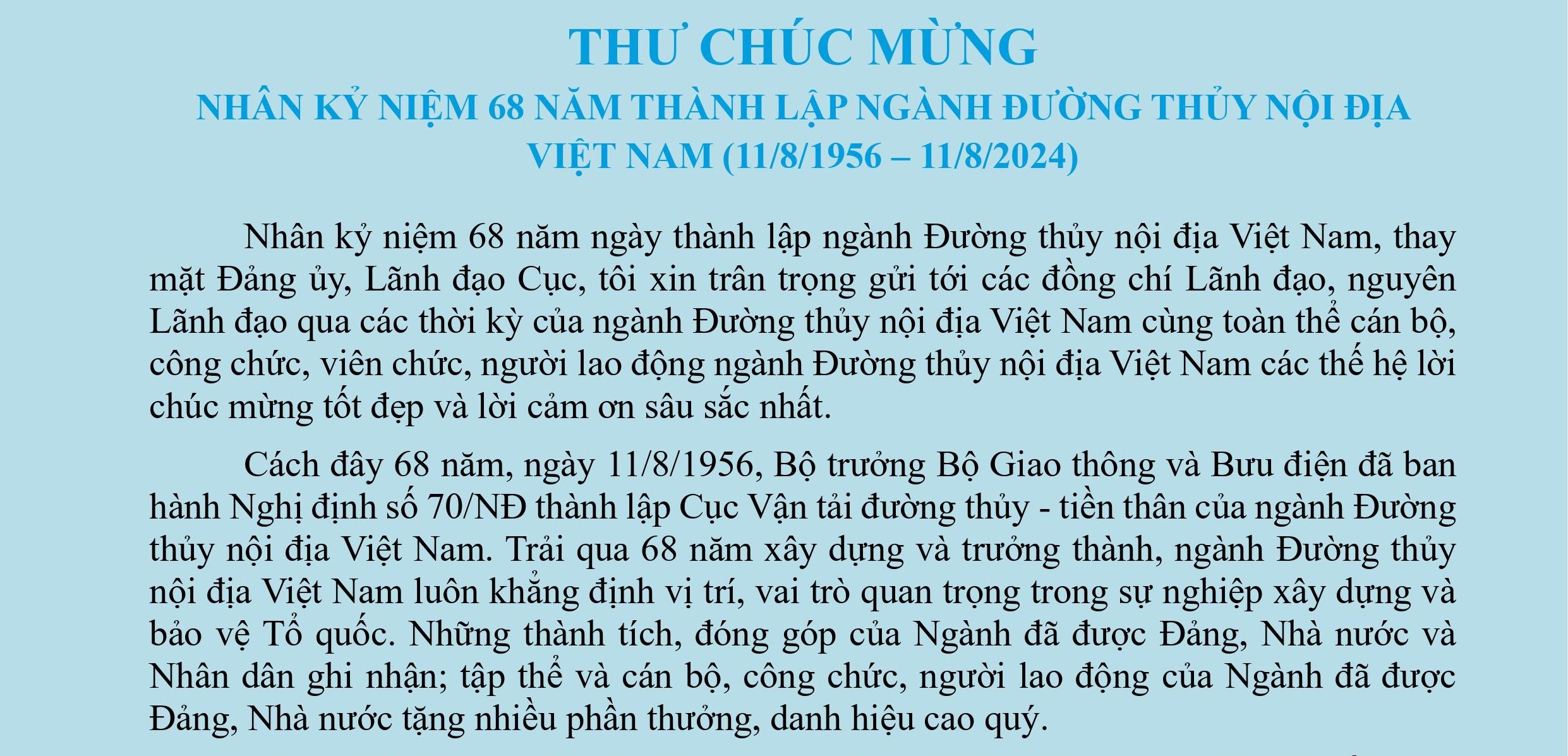 Thư chúc mừng của Cục trưởng Cục Đường thủy nội địa Việt Nam nhân kỷ niệm 68 năm thành lập Ngành Đường thủy nội địa Việt Nam